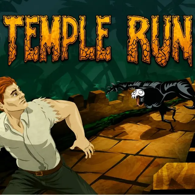 Runner sprinting along a crumbling temple path with a pursuer behind