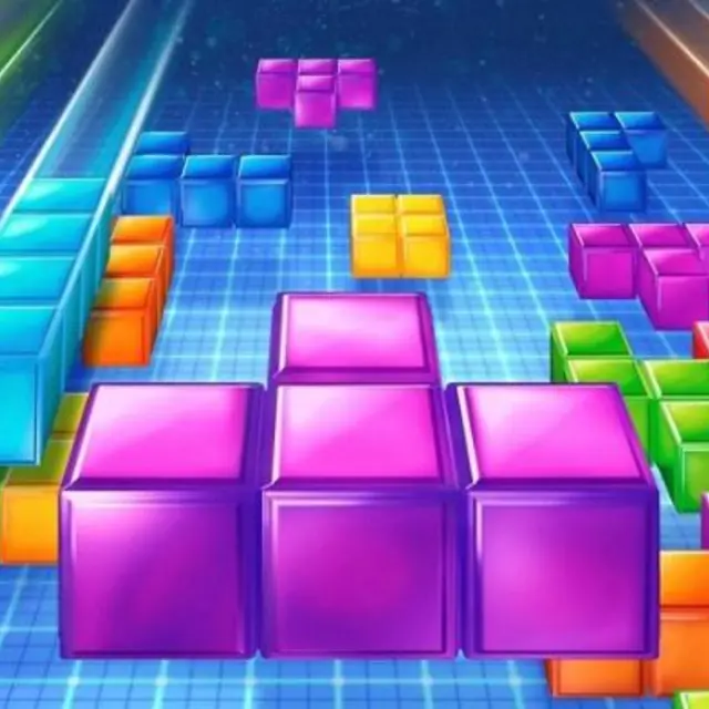 Falling block puzzle stack with a long piece approaching a gap