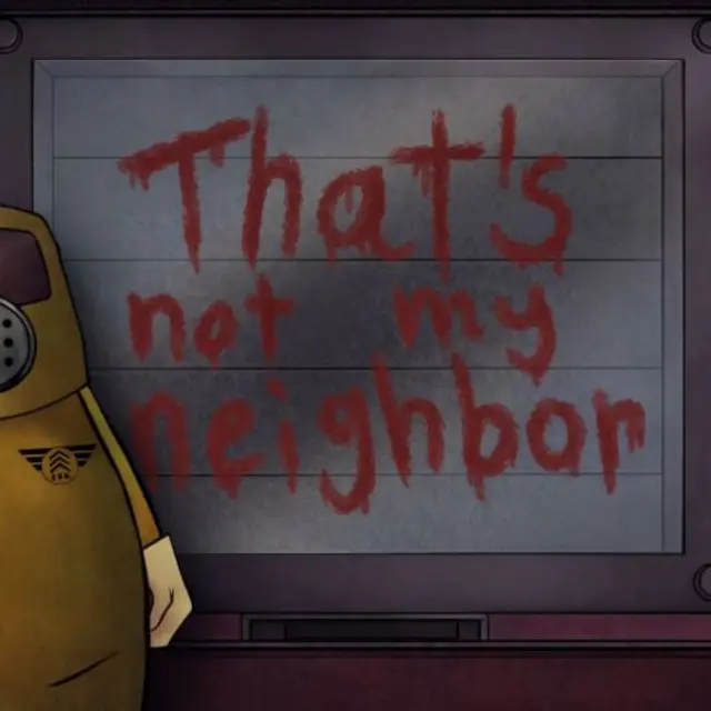 Desk with identity papers and a tenant file in front of a door hatch in a retro horror game