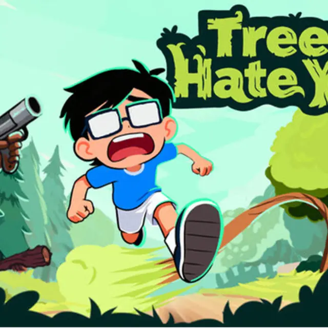 Forest path with a hidden pit and a misleading signpost in a comedy trap game
