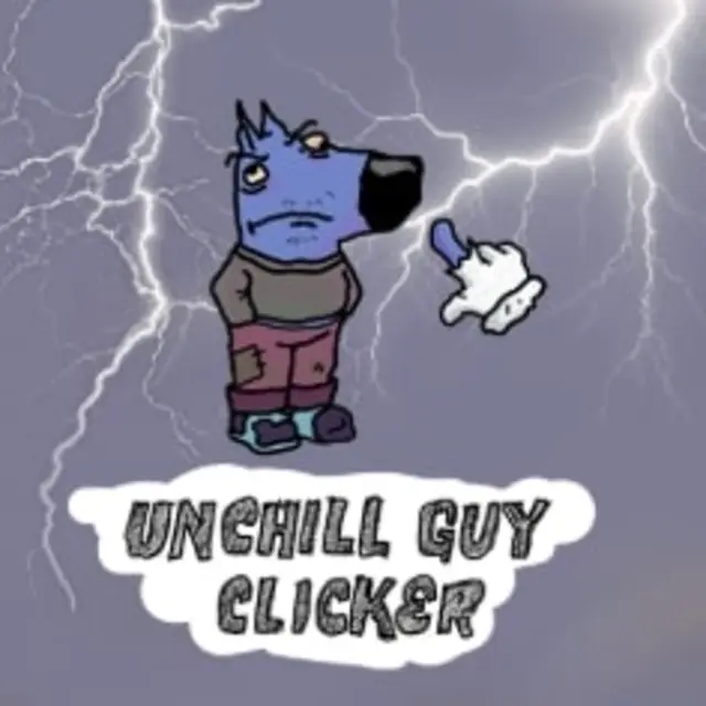 Grumpy cartoon dog with a coin counter and upgrade list