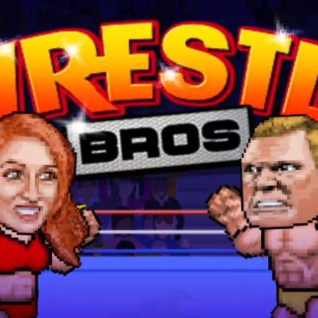 Two pixel wrestlers colliding in mid-air inside a ring