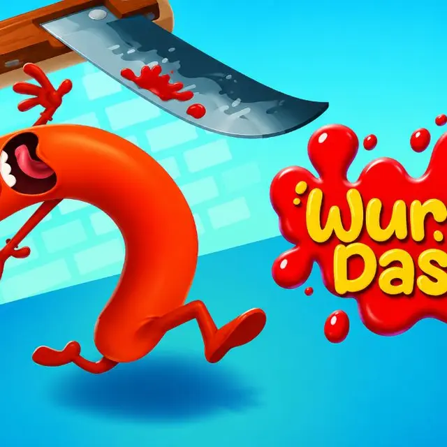 Sausage character dodging a swinging blade in a busy kitchen