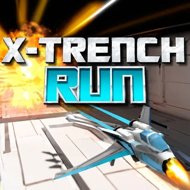 Starfighter flying down a narrow space trench past laser gates