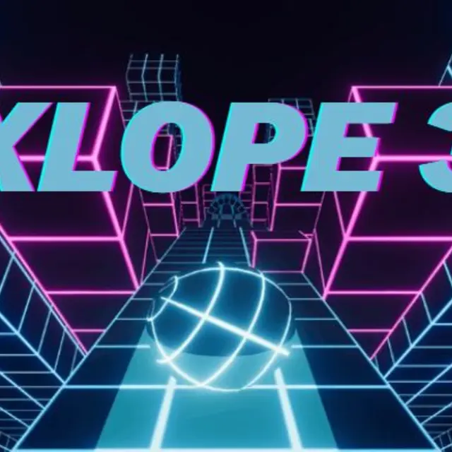 Small ball rolling through a twisting luminous tunnel past purple blocks